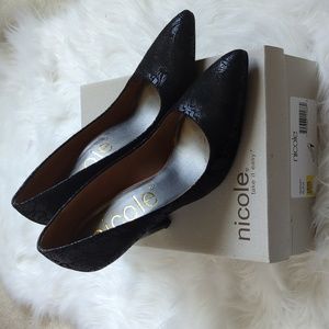 Nicole Bazaar Black Lace Embossed Leather Slip- On Pumps Heels 👠